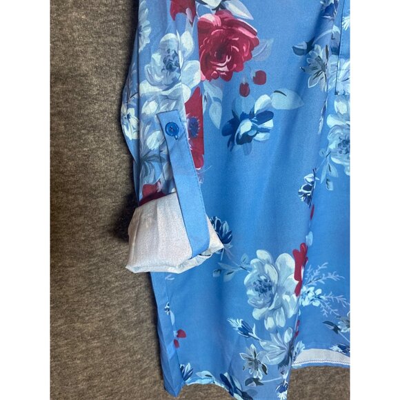 Floral Blue Half Button Roll Tab Sleeve Top Women  XXL - Picture 5 of 9